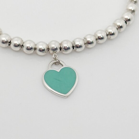 Small 7" Return to Tiffany Blue Enamel Heart Tag Bead Charm Bracelet - Picture 3 of 7